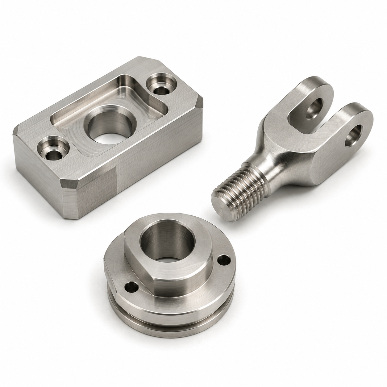 Custom stainless steel CNC milled block, clevis component and flanged adapter