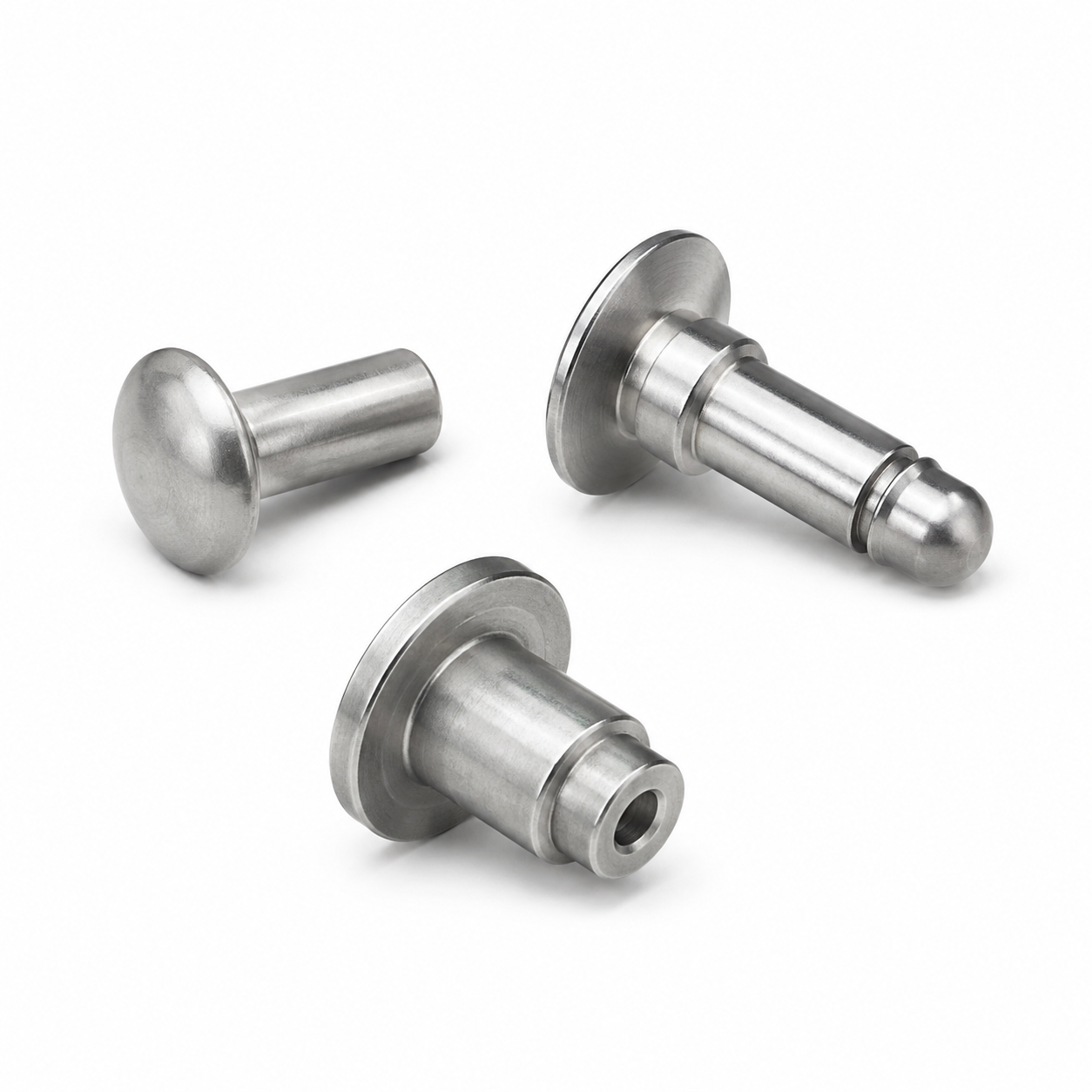 Cold headed stainless steel solid rivet, locating pin and flanged component