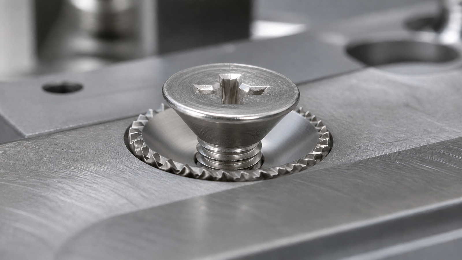 Countersunk screw and concave-up serrated washer during installation