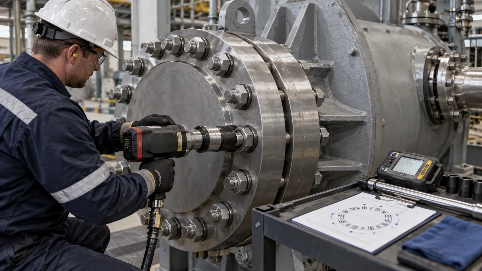 Controlled preload installation on a critical industrial bolted joint