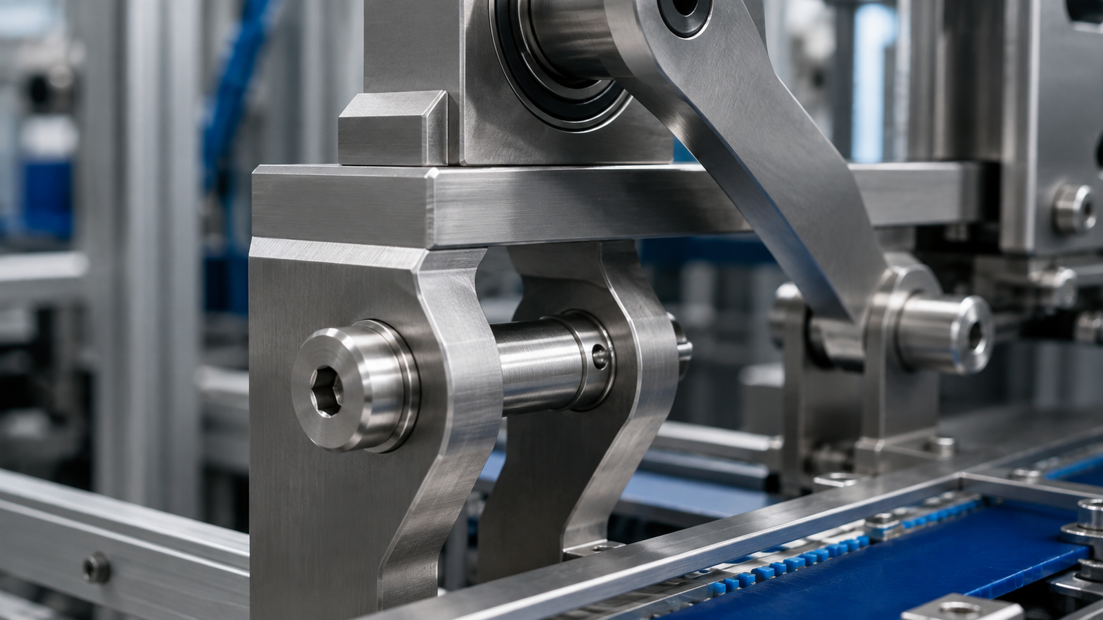 Custom stainless steel shoulder fastener installed as a precision pivot in industrial machinery