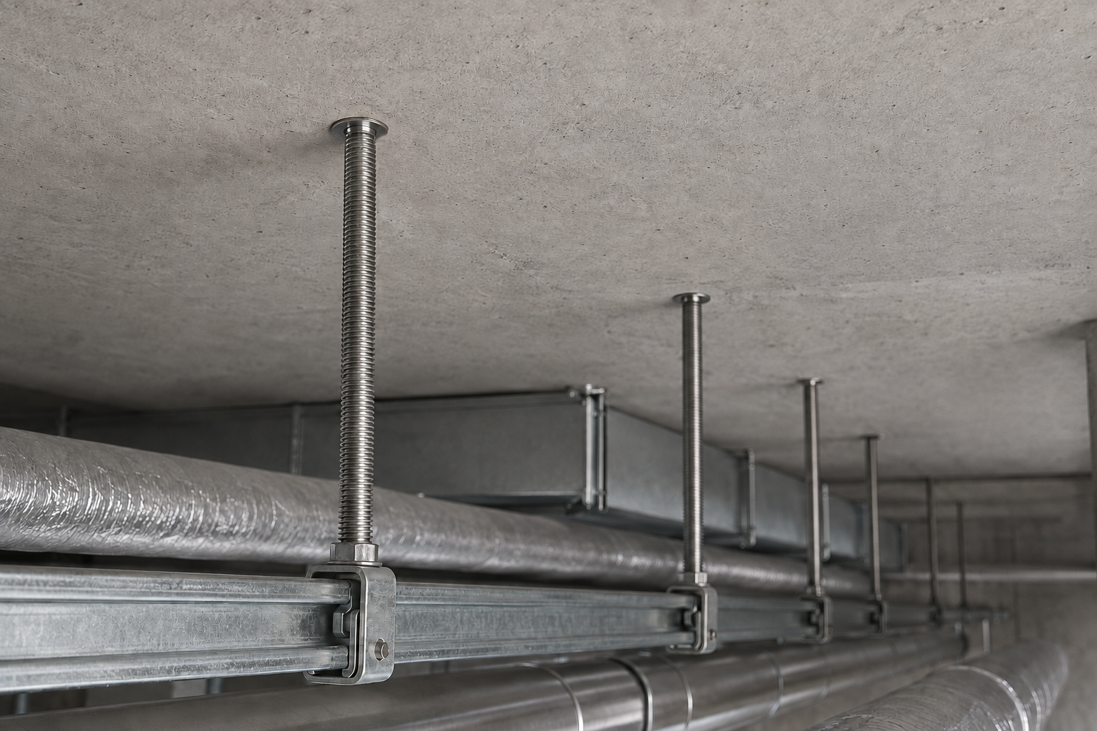 Threaded rods supported by drop-in anchors in a concrete ceiling HVAC installation