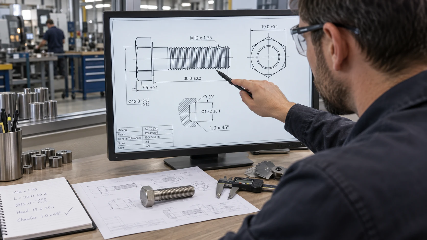 Engineer reviewing fastener CAD drawing dimensions and tolerance requirements