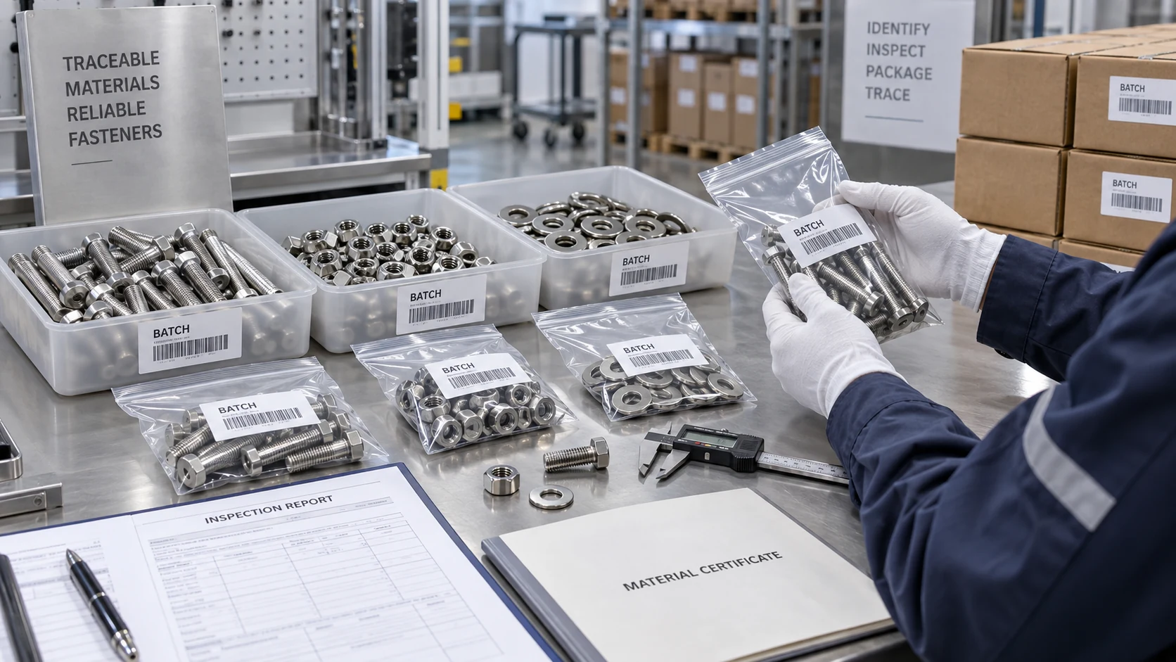 Stainless steel fastener packaging batch identification and traceability inspection