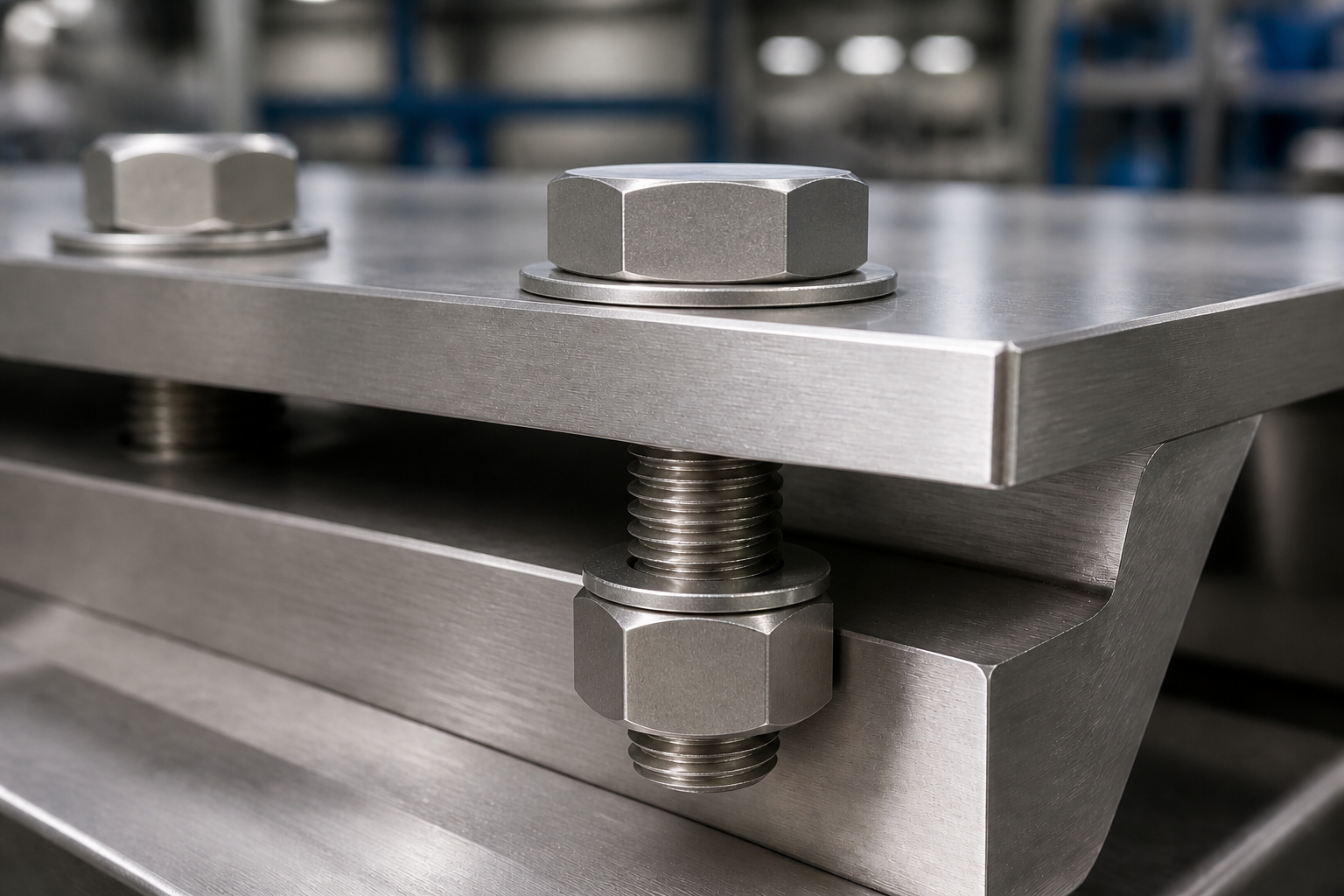 Stainless steel flat washers installed in an industrial bolted joint