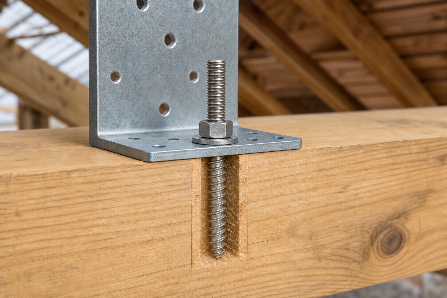 Stainless hanger bolt mounting a metal bracket to timber