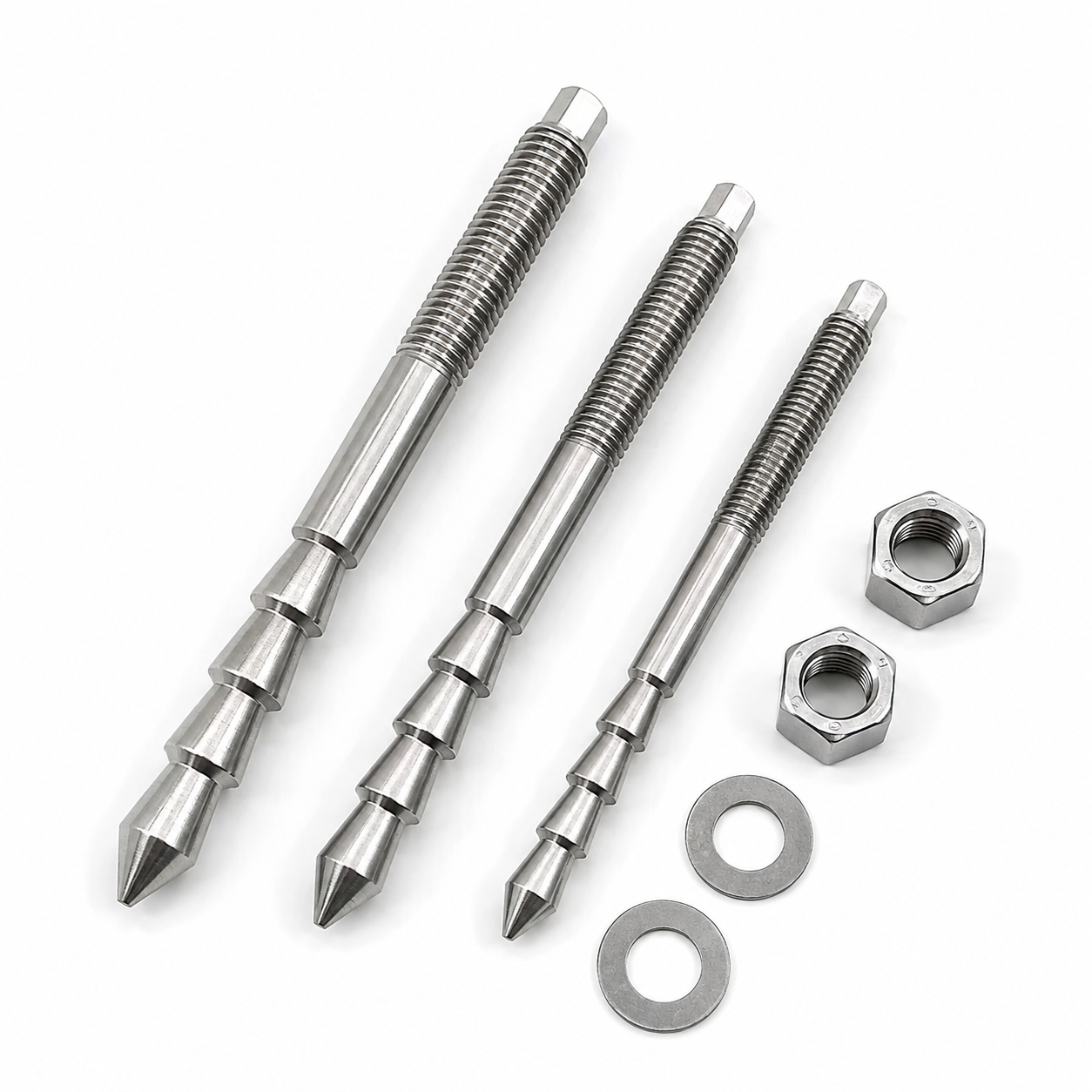 Three stainless steel high strength chemical anchors with four-stage undercut cone ends