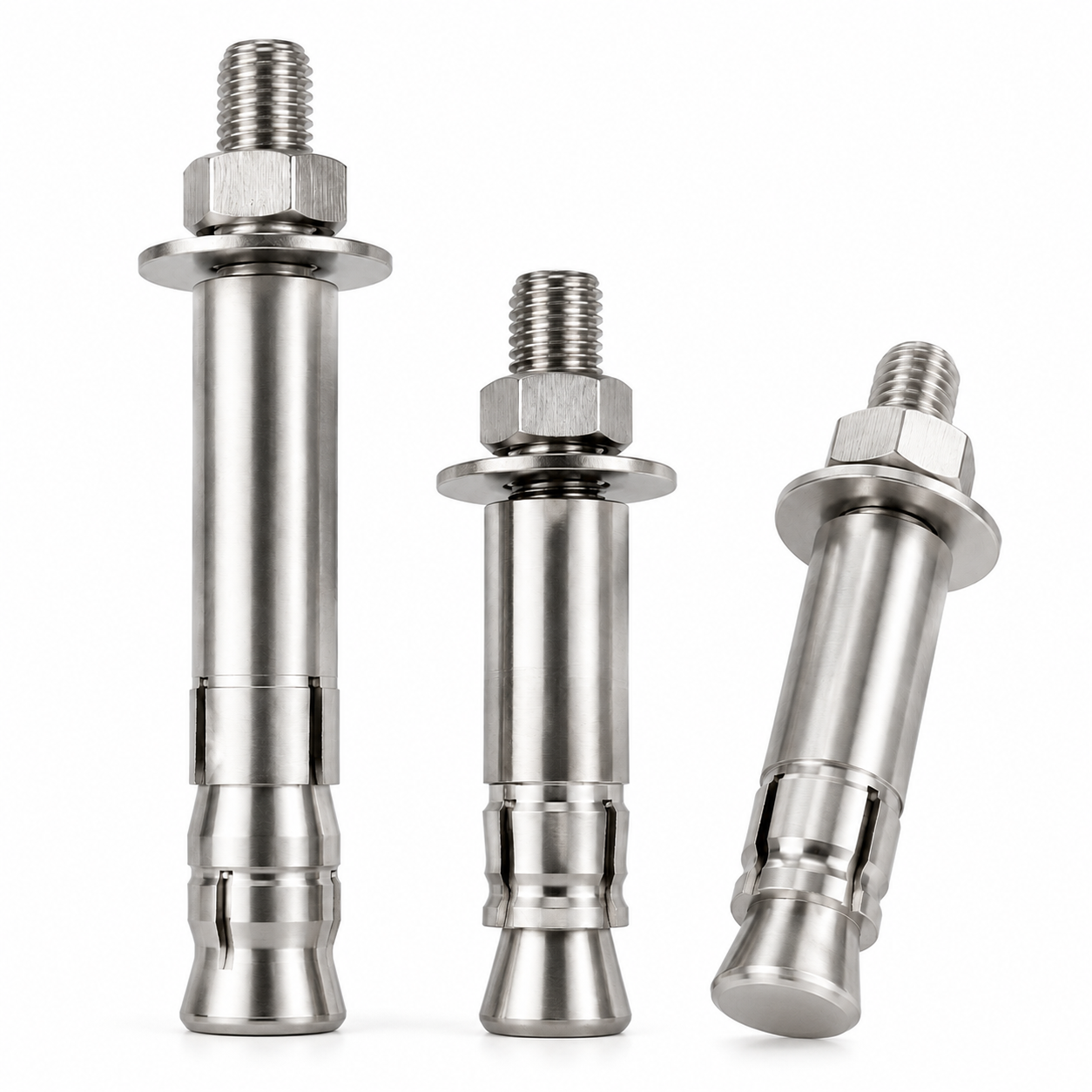 Three stainless steel mechanical undercut anchors with smooth bodies, expansion sleeves and solid tapered cones