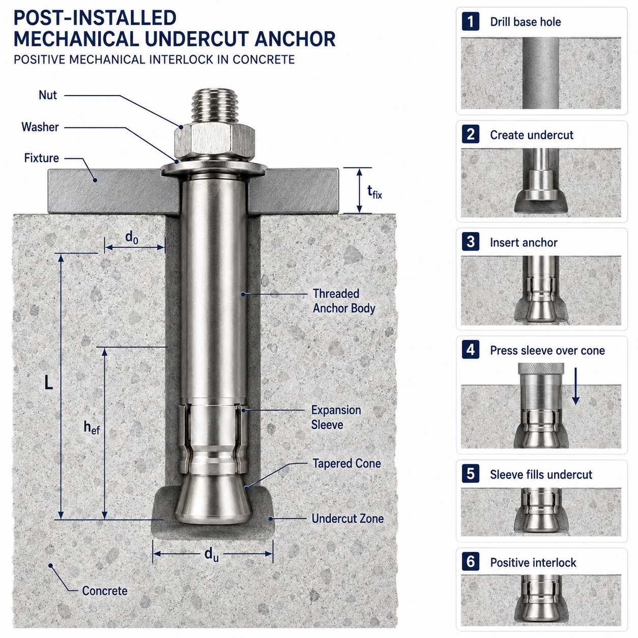 Technical cutaway showing a mechanical undercut anchor positively interlocked in a prepared concrete undercut hole