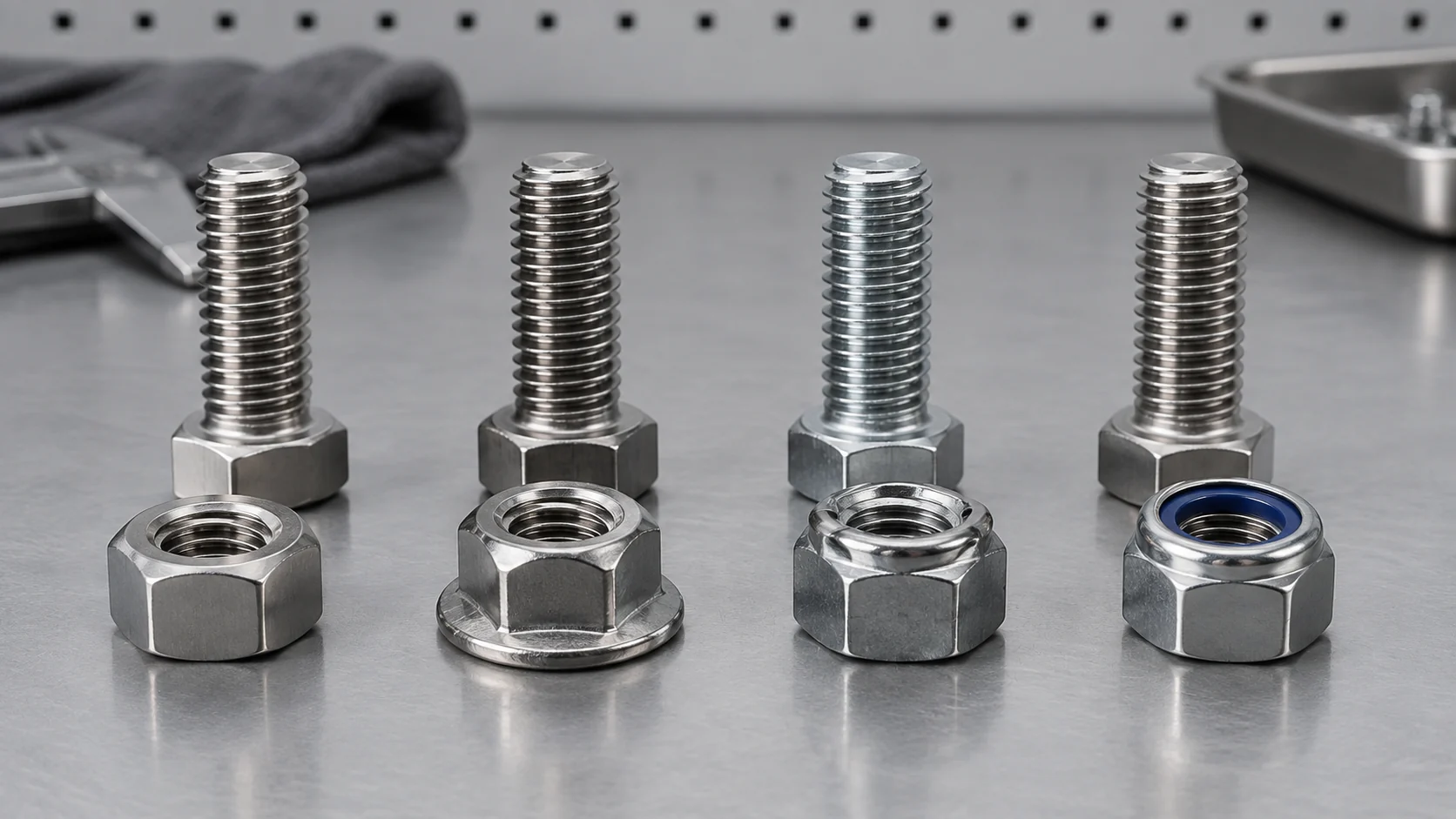 Different industrial nut types and bolt mating functions