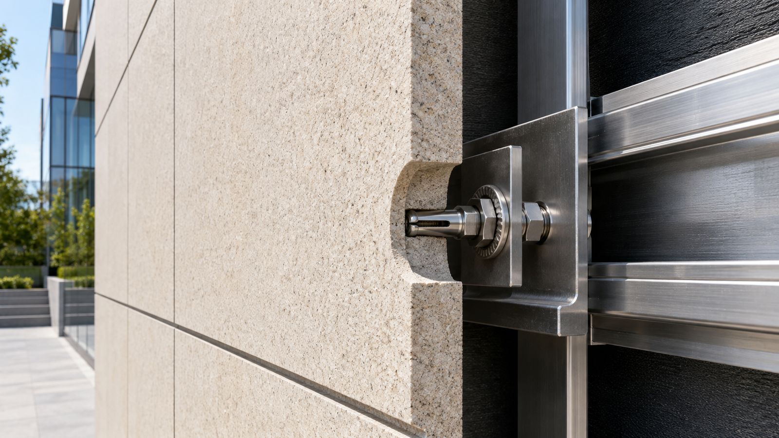 Concealed self-tapping undercut back anchor connecting a stone facade panel to metal support hardware
