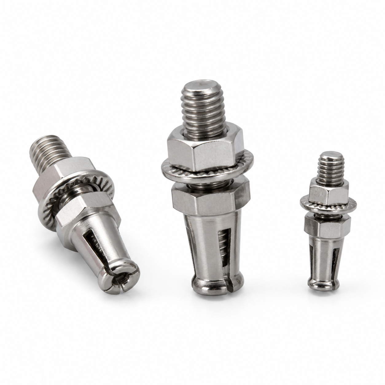 Three compact stainless steel self-tapping undercut back anchors on a white background