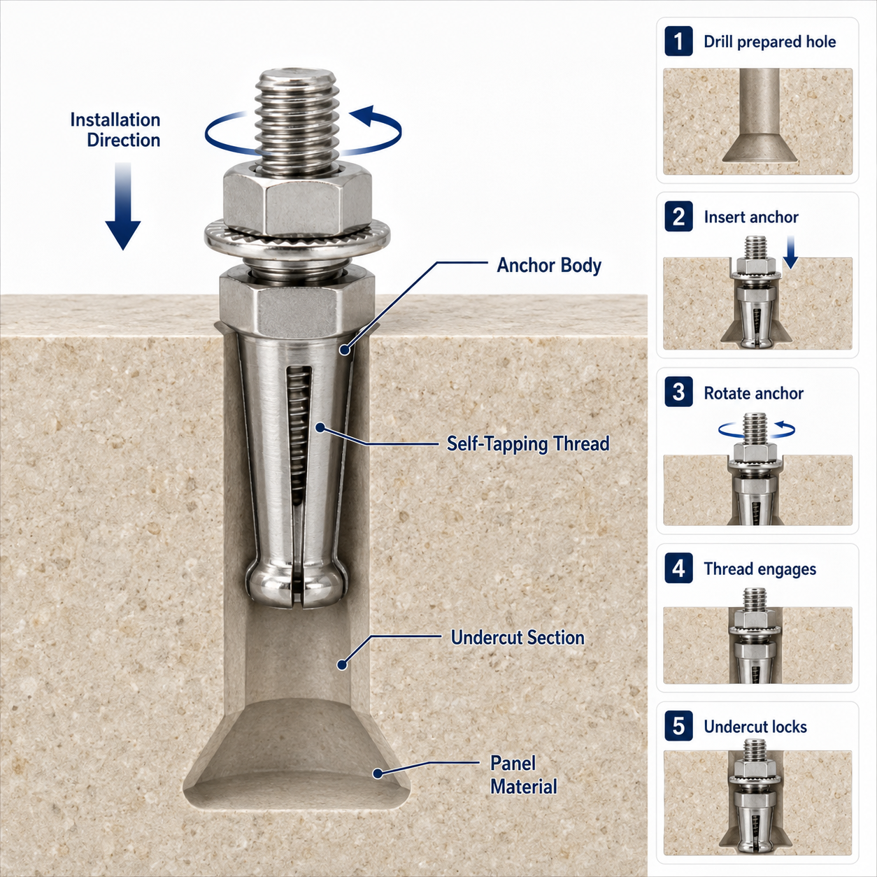 Technical cutaway of a self-tapping undercut anchor installed from the back of a stone facade panel