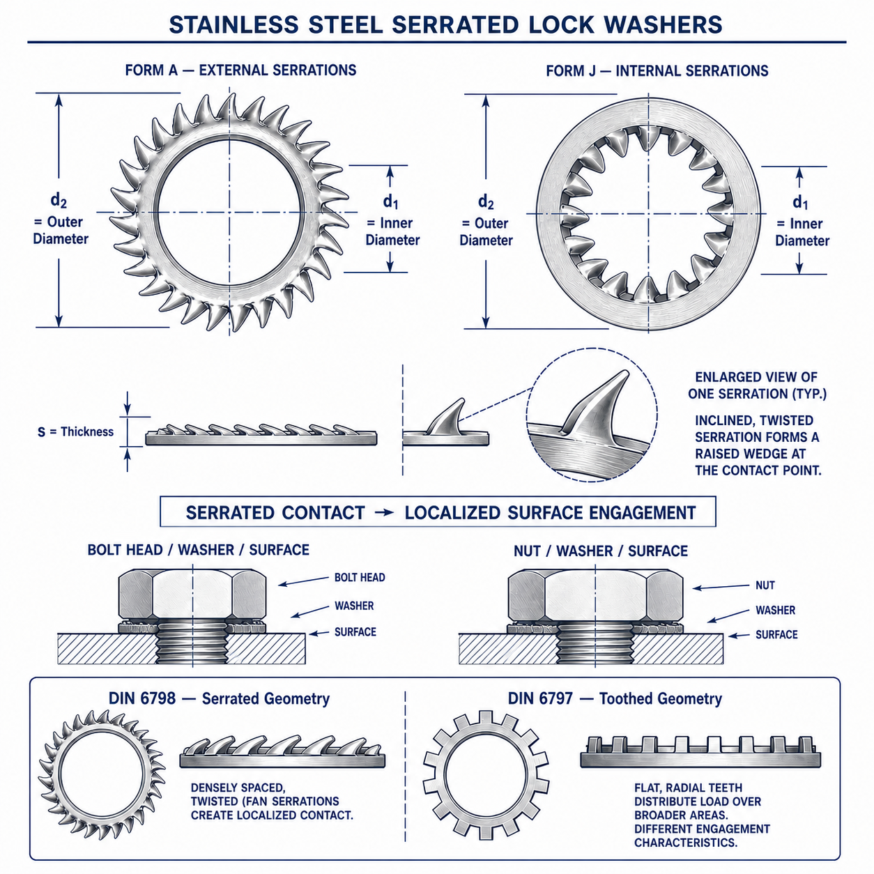 Form A external and Form J internal serrated lock washer technical geometry