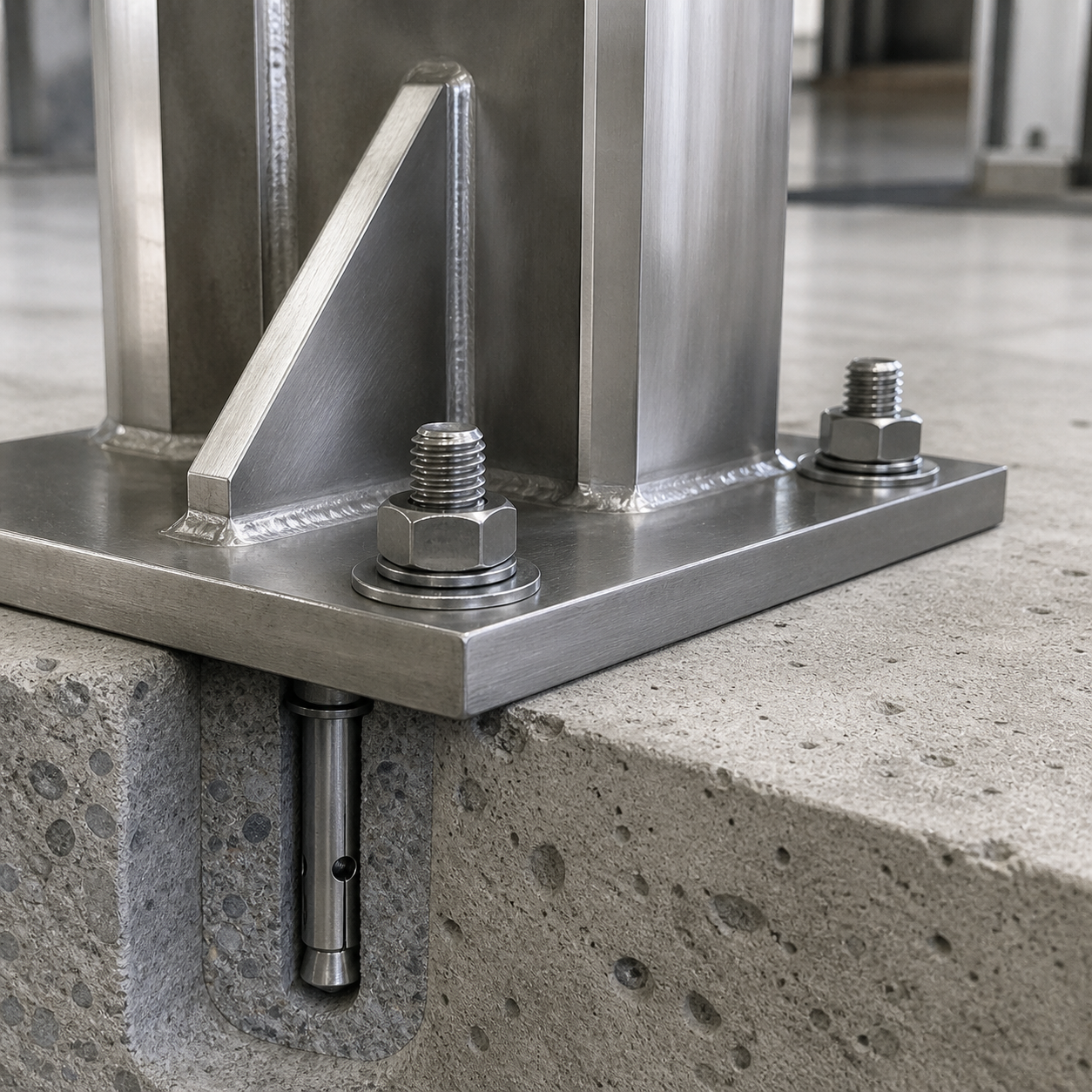 Stainless steel sleeve anchors securing a structural steel bracket to solid concrete