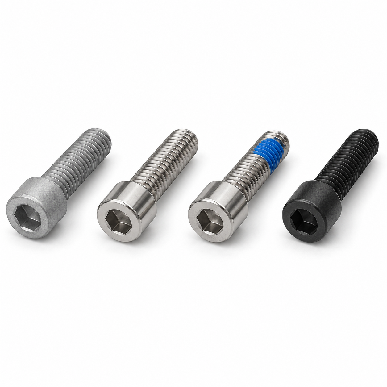 Socket screw comparison showing zinc flake, nickel plating, blue thread locking patch and black multi-layer coating