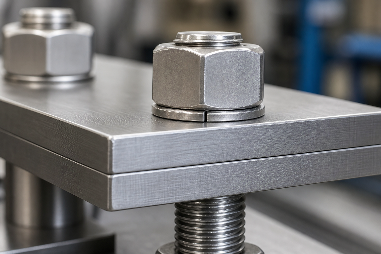 Stainless steel spring lock washer compressed under a hex nut
