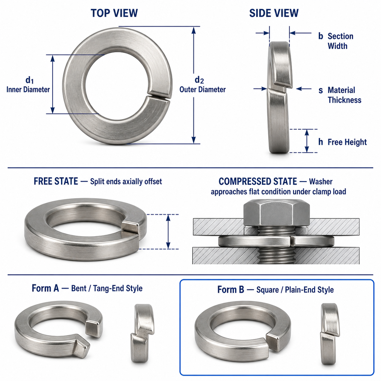 Split spring lock washer dimensions free height and compressed state