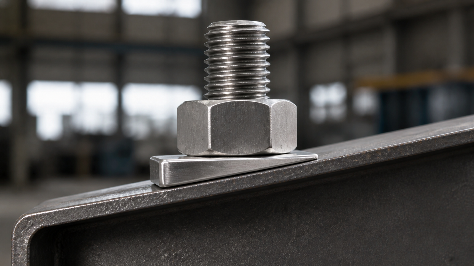 Stainless steel square taper washer installed on a sloped structural flange