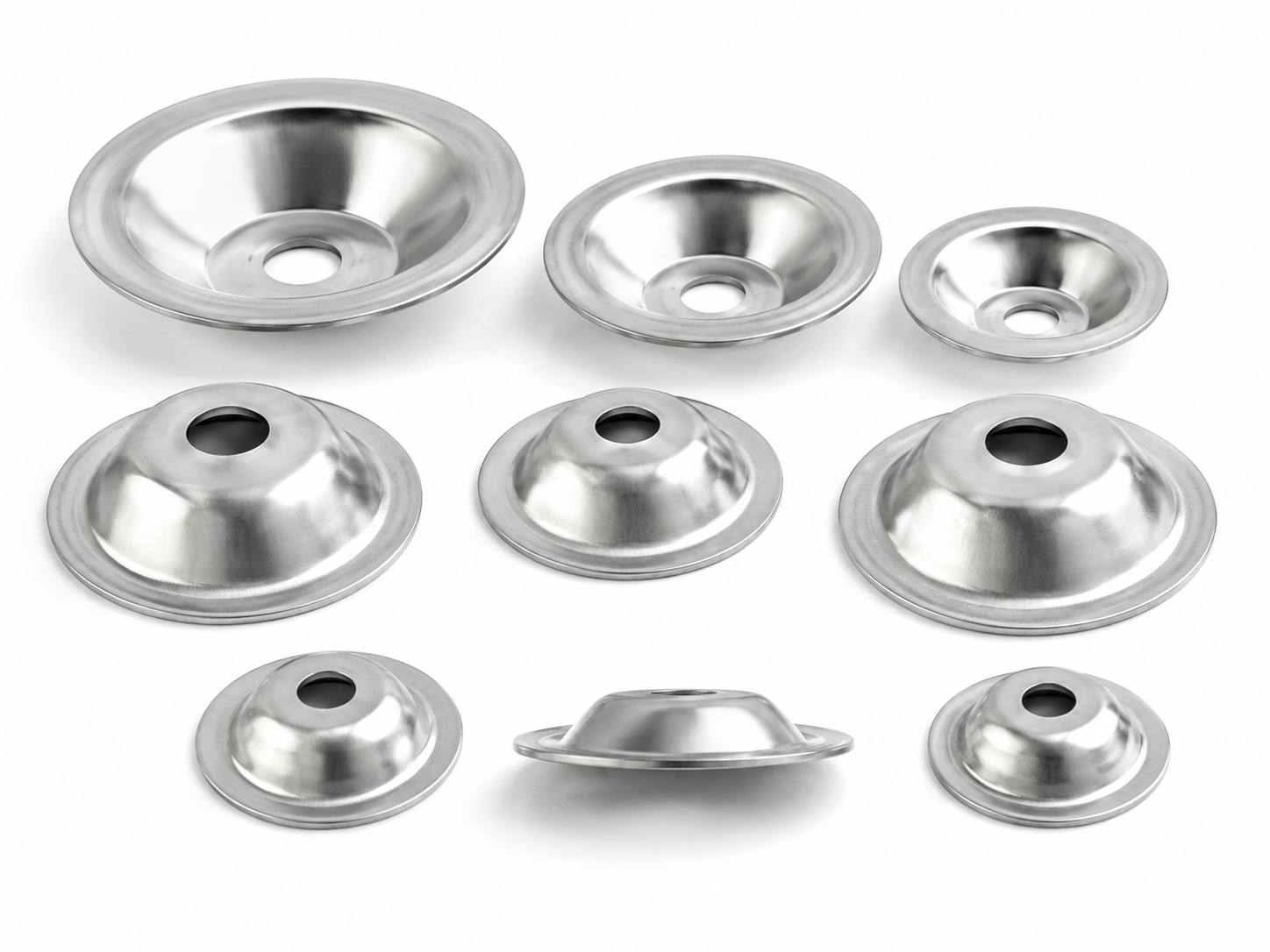Smooth stainless steel bowl washers in multiple sizes and orientations