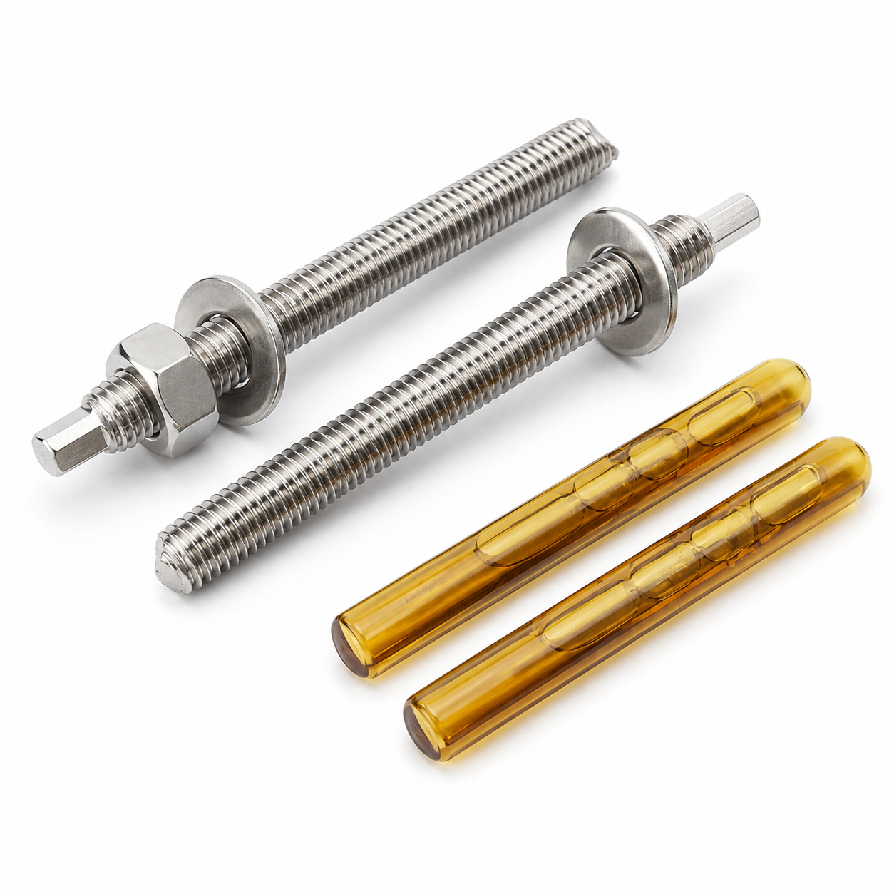 Two stainless steel chemical anchor studs with nuts washers and two amber resin capsules on white
