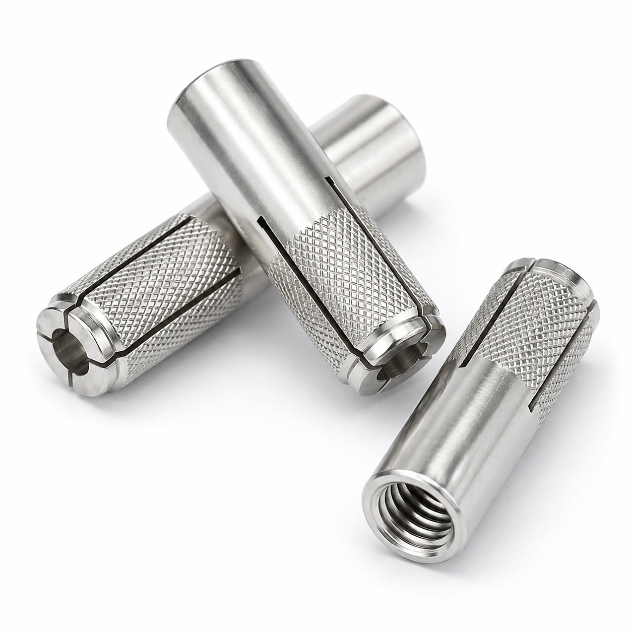 Polished stainless steel drop-in anchors with symmetric four-slot expansion ends and female threads