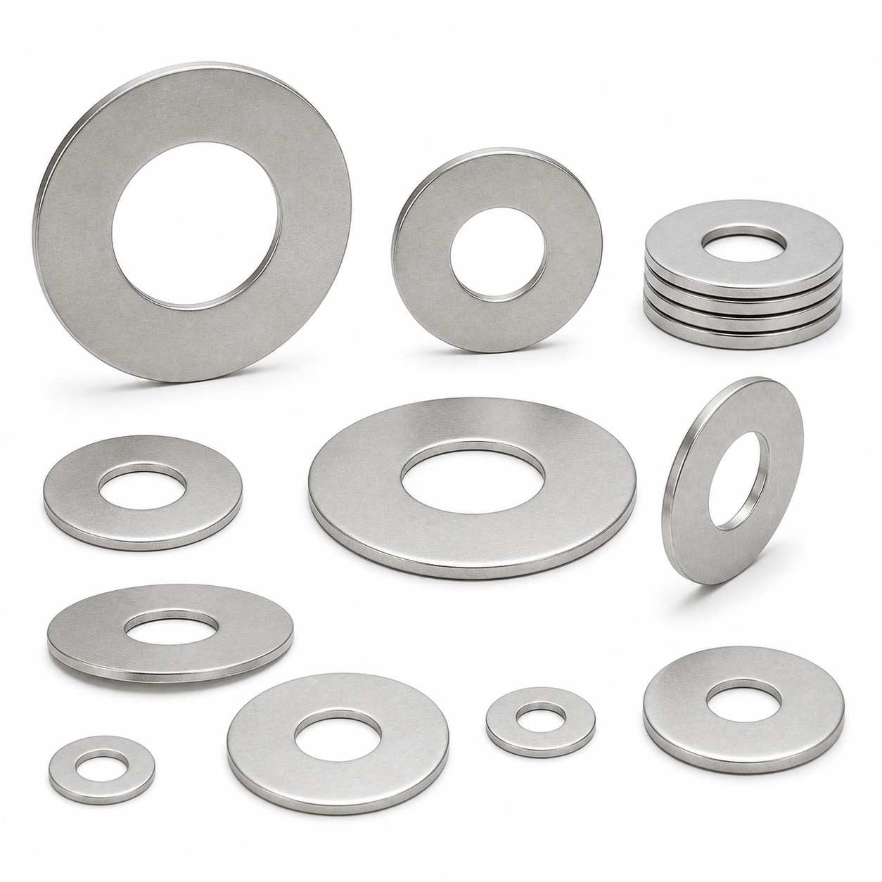 Stainless steel flat washers in multiple diameters and thicknesses