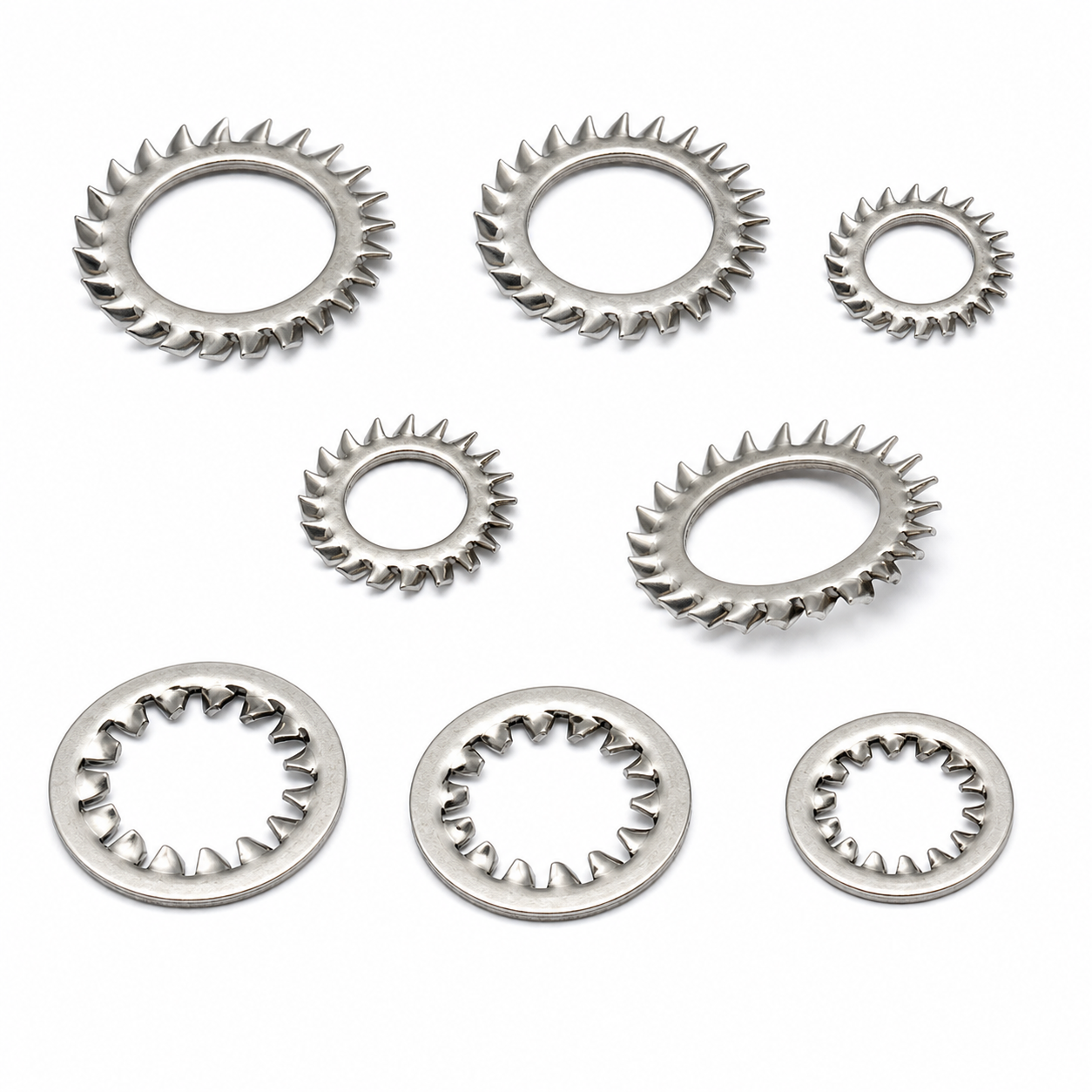 Stainless steel DIN 6798 style external and internal serrated lock washers