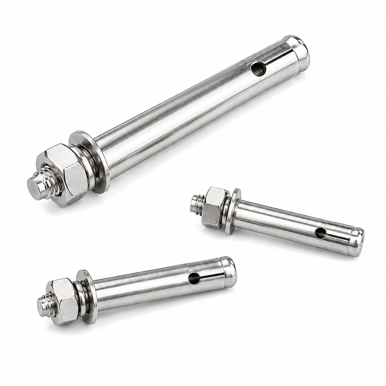 Three polished stainless steel sleeve anchors with circular sleeve openings and visible expansion slots