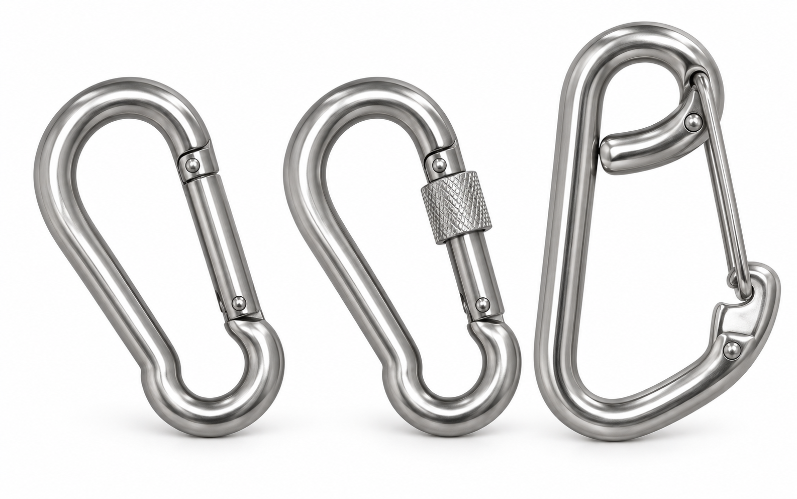 Three stainless steel snap hook styles