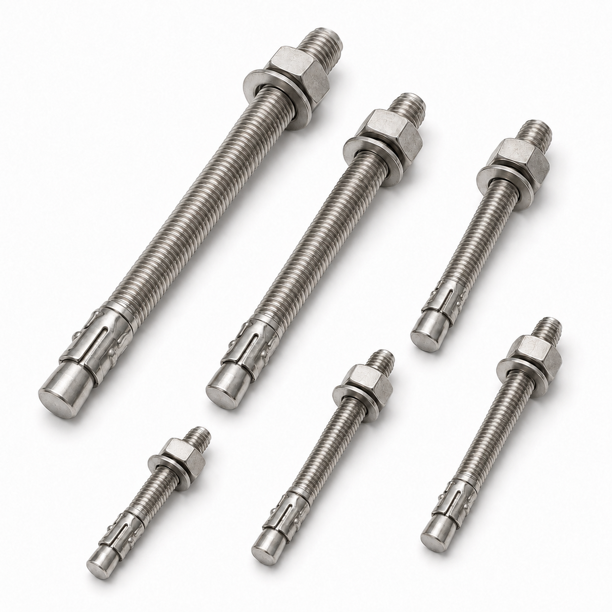 Stainless steel wedge anchors with long threaded studs short expansion clips hex nuts and flat washers