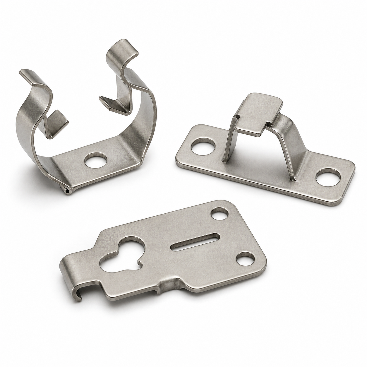 Compact stainless steel spring clips, enclosure mounting clips and retaining hardware