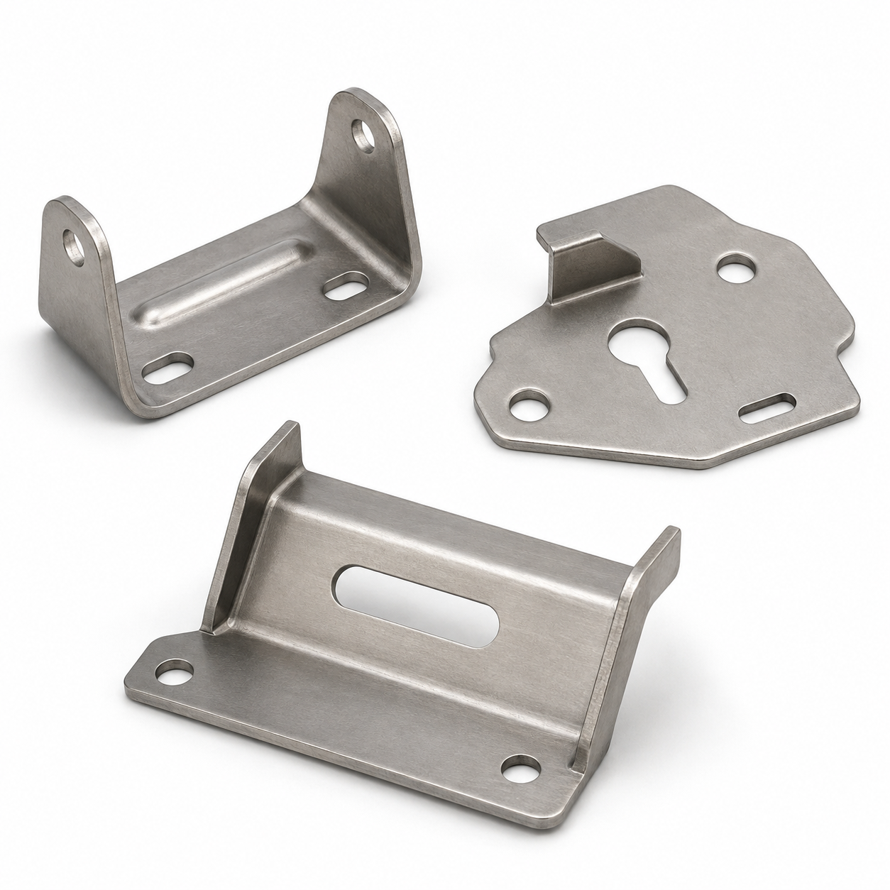 Stainless steel stamped and formed machinery components including an equipment cradle, retaining plate and support