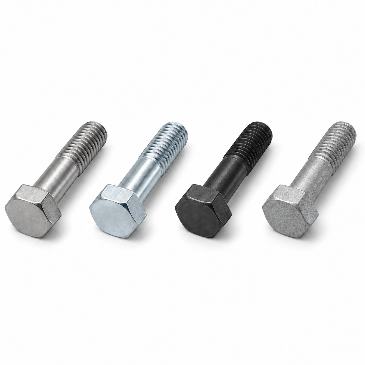 Hex bolt comparison showing passivated stainless, blue-white zinc, black oxide and hot-dip galvanized finishes