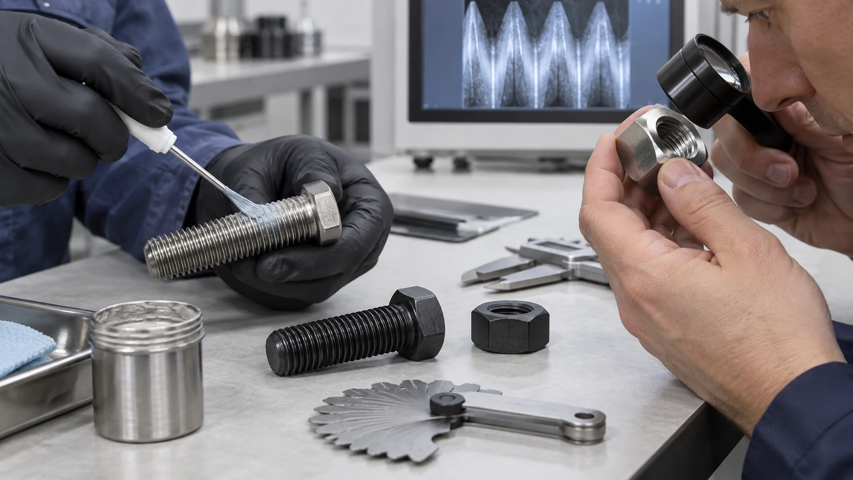 Fastener thread lubrication surface condition and friction inspection