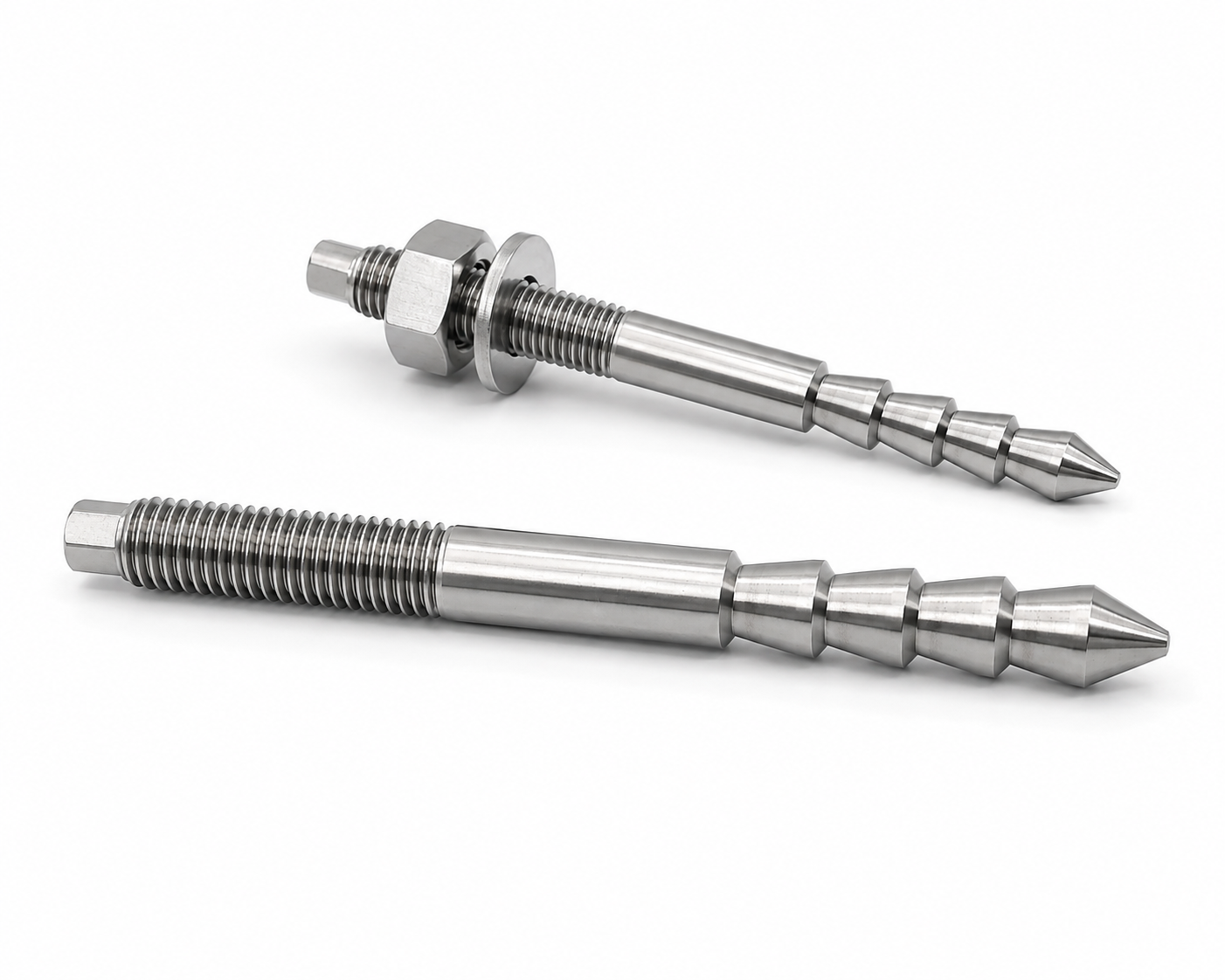 Two stainless undercut-cone chemical anchor rods showing repeated reverse-tapered collars