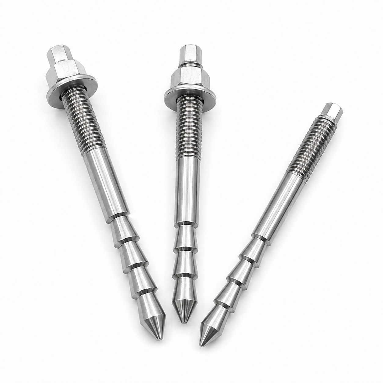 Three sizes of stainless steel undercut-cone chemical anchors on a white background