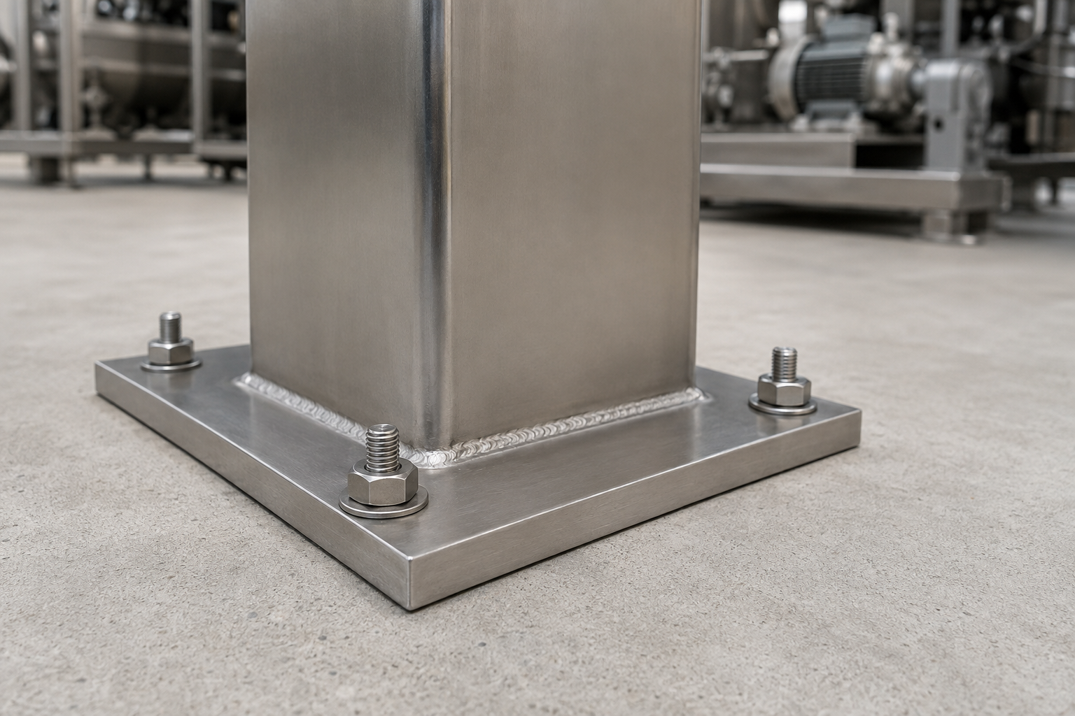 Stainless anchor nuts and washers securing steel base plate to concrete