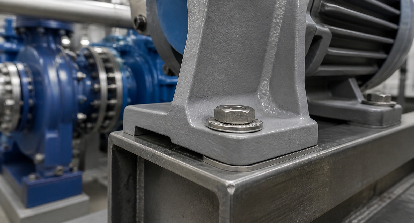 Stainless steel wedge lock washer pair installed on heavy machinery