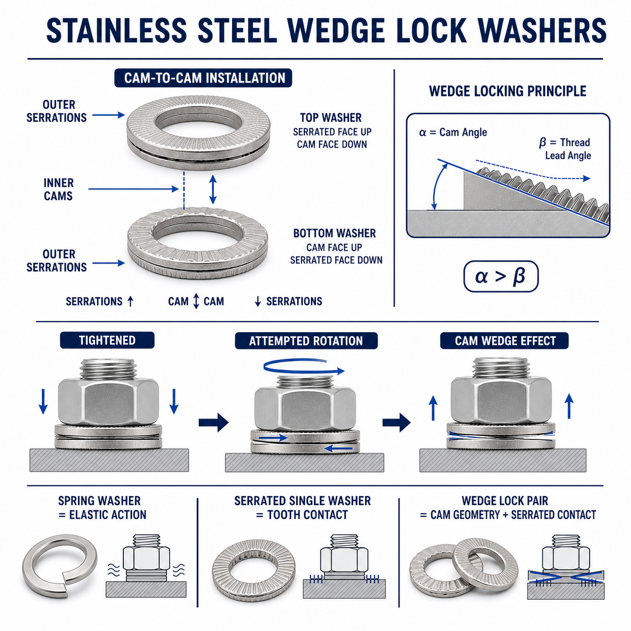 Wedge lock washer cam-to-cam orientation and locking principle